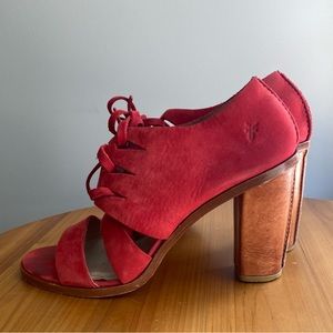 Frye (10) Sofia Tie On Red 3.5" Heel Bootie-Sandal Leather.